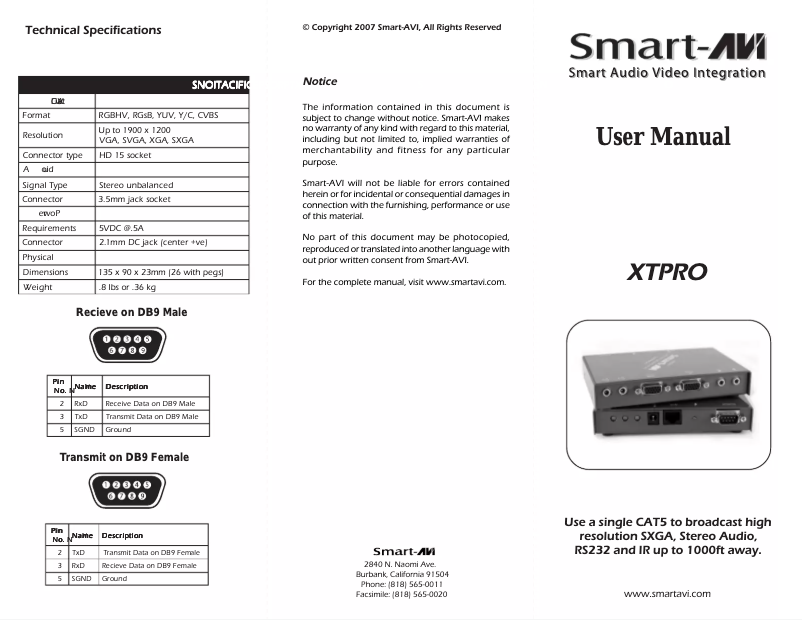 Page 1 de la notice Manuel utilisateur Smart-AVI XTPROS
