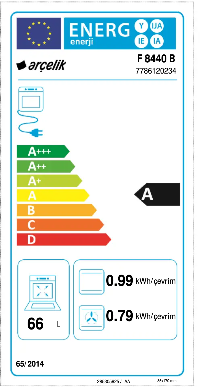 Page 1 de la notice Label énergétique Arçelik F 8440 B