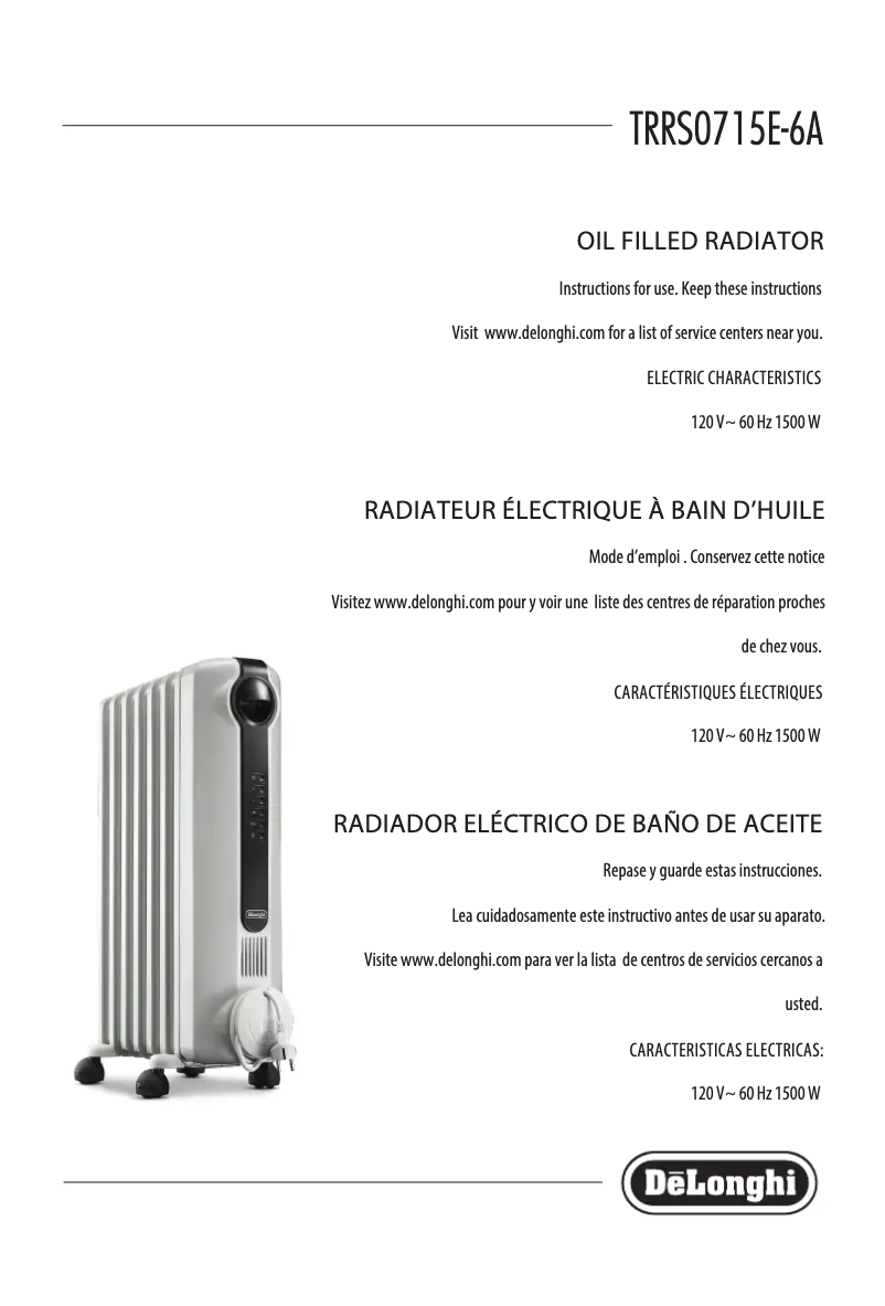 Page 1 de la notice Manuel utilisateur DeLonghi Radia S TRRS0715E