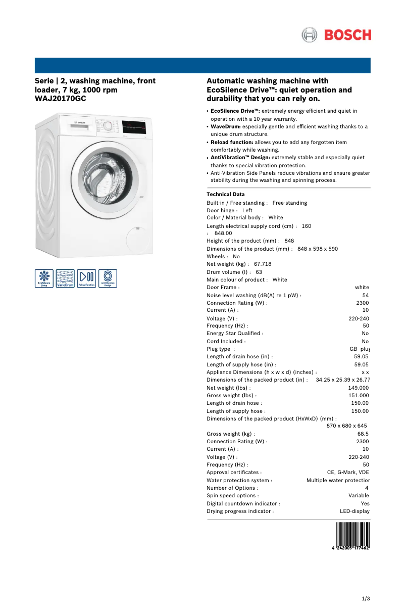 Page 1 of the manual Technical Sheet Bosch WAJ20170GC