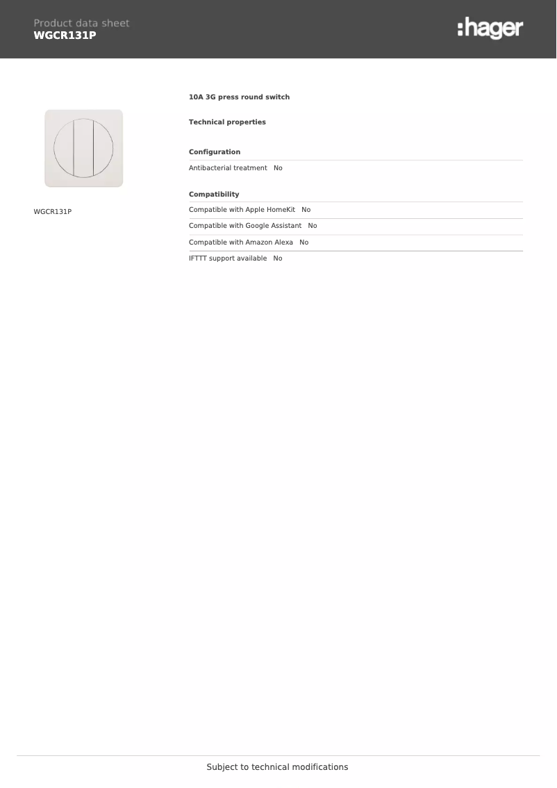 Page 1 de la notice Fiche technique Hager WGCR131P