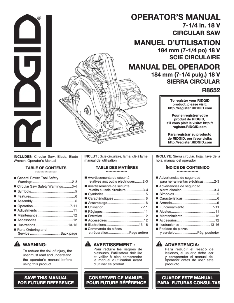 Page 1 de la notice Manuel utilisateur Ridgid R8652