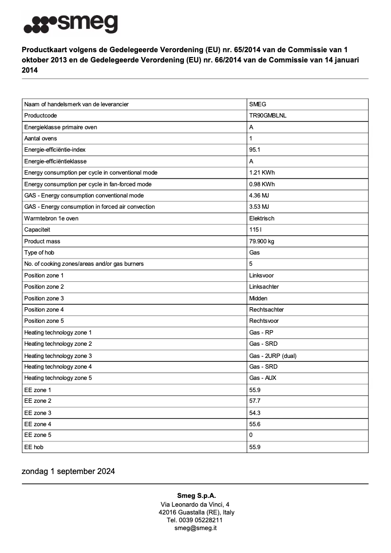 Page 1 de la notice Fiche technique Smeg TR90GMBLNL