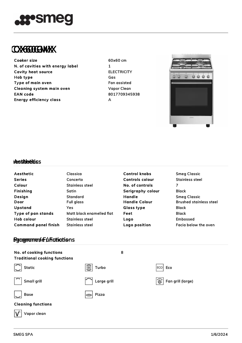 Page n°1 - Fiche technique Smeg CX60GMX