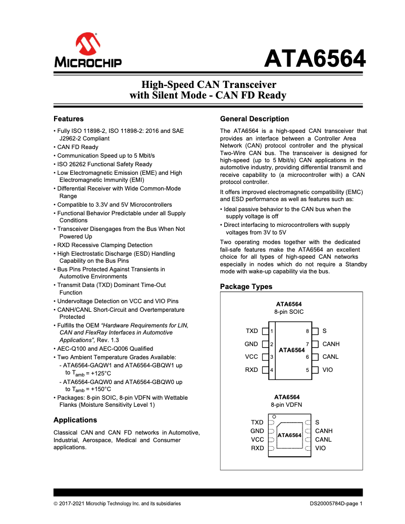 Page 1 de la notice Fiche technique Microchip ATA6564