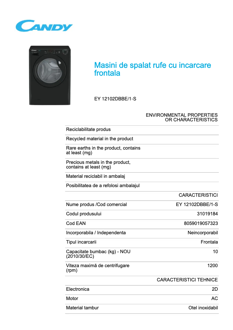 Page 1 de la notice Fiche technique Candy EY 12102DBBE/1-S