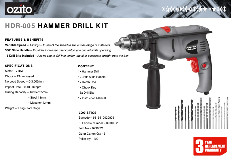 Page 1 de la notice Fiche technique Ozito HDR-005
