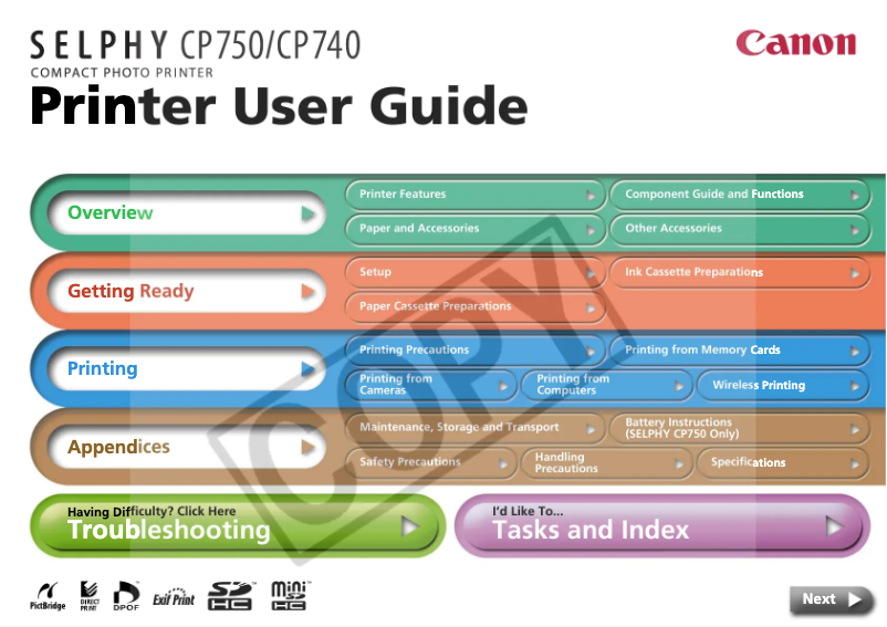 Image de la première page du manuel de l'appareil Selphy CP740