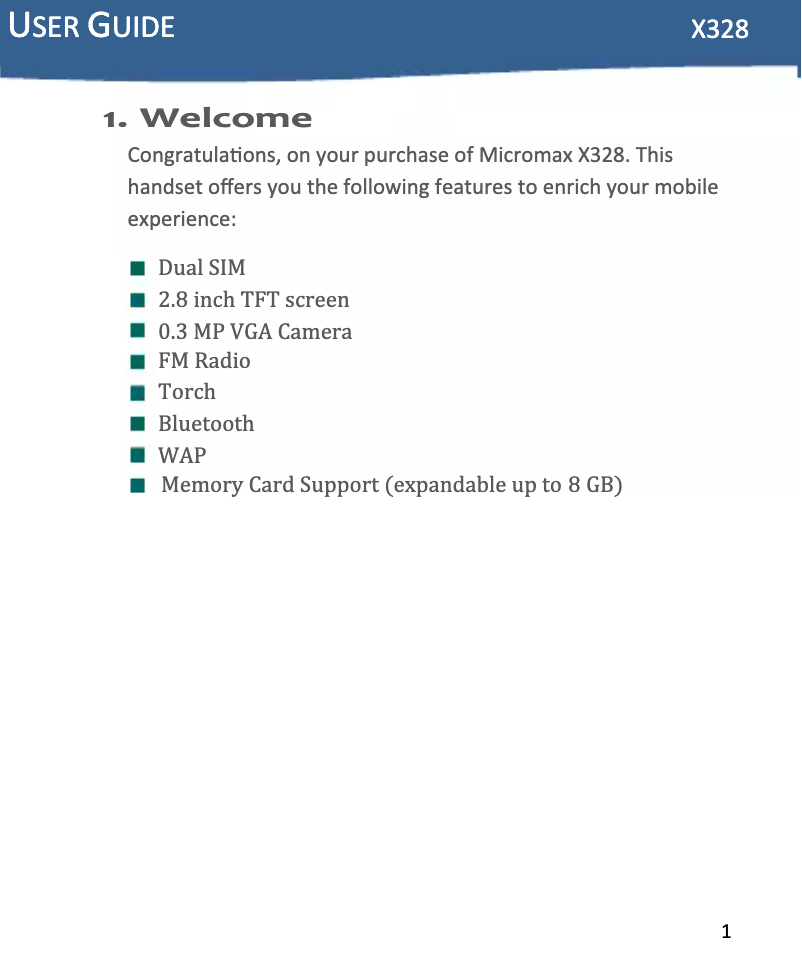 Page 1 de la notice Manuel utilisateur Micromax X328