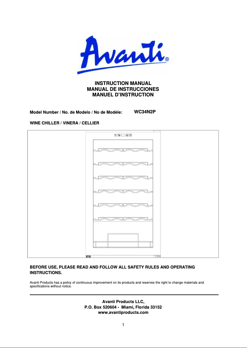 Page 1 de la notice Manuel utilisateur Avanti WC34N2P
