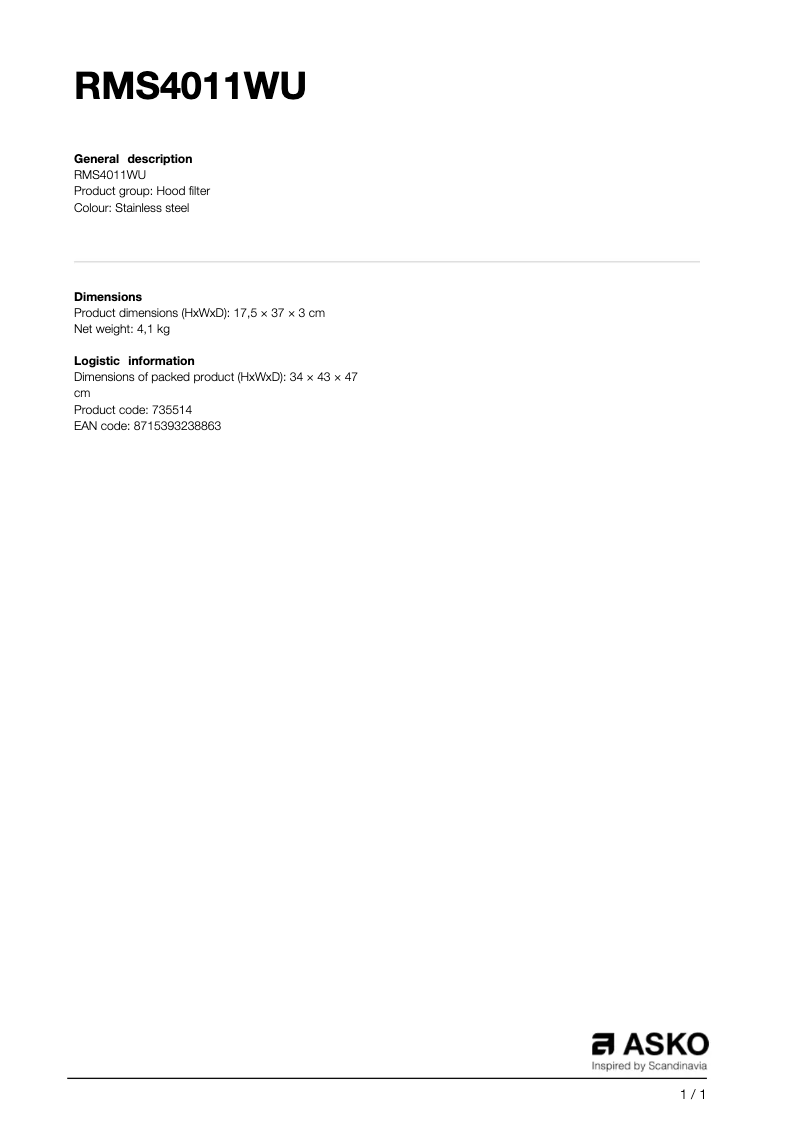 Page n°1 - Manuel utilisateur Asko RMS4011WU