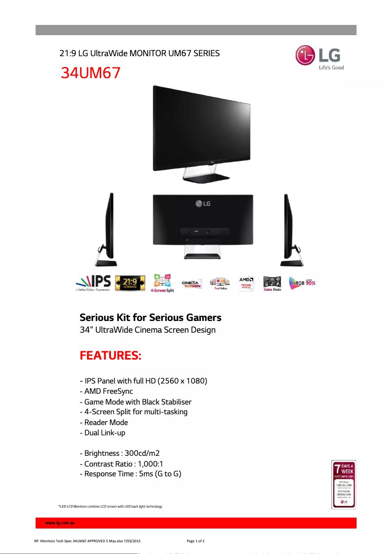 Page n°1 - Fiche technique LG 34UM67-P