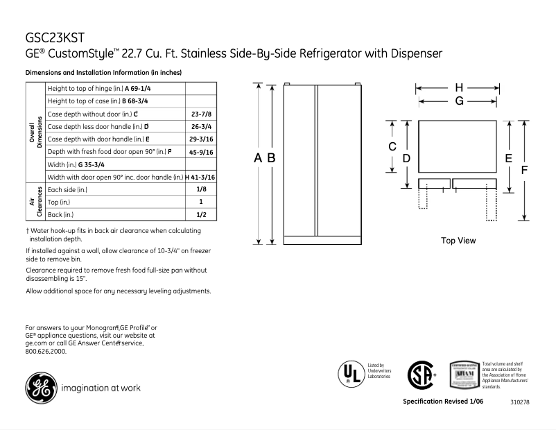 Page 1 de la notice Fiche technique GE GSC23KSTSS