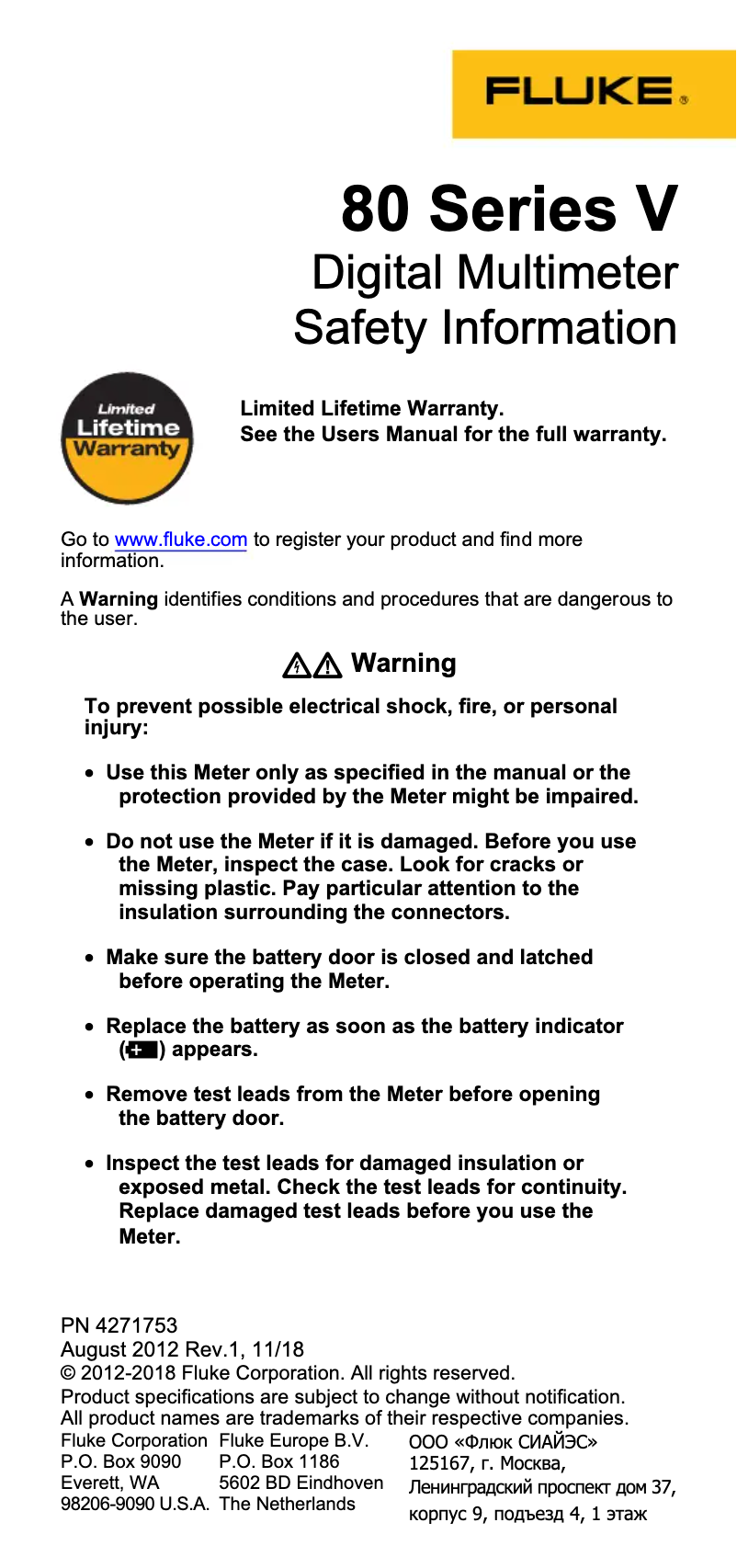 Page 1 de la notice Instructions de sécurité Fluke 83V
