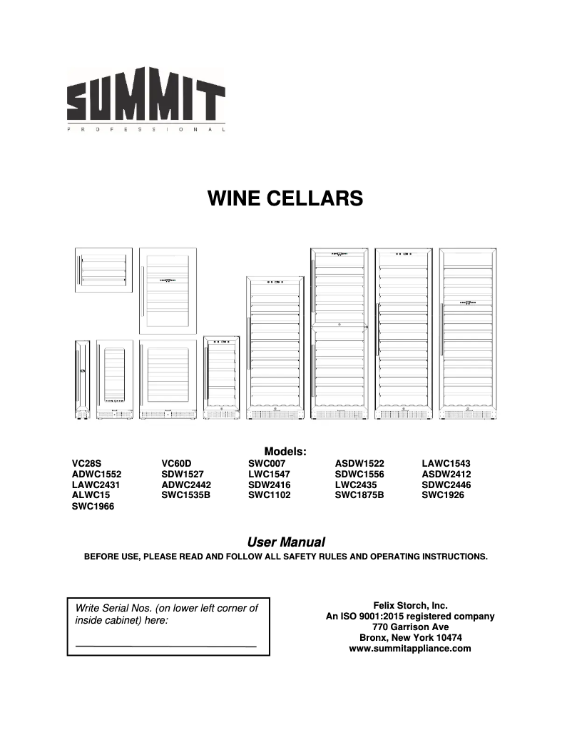 Page n°1 - Manuel d'utilisation et d'entretien Summit SWC1535B