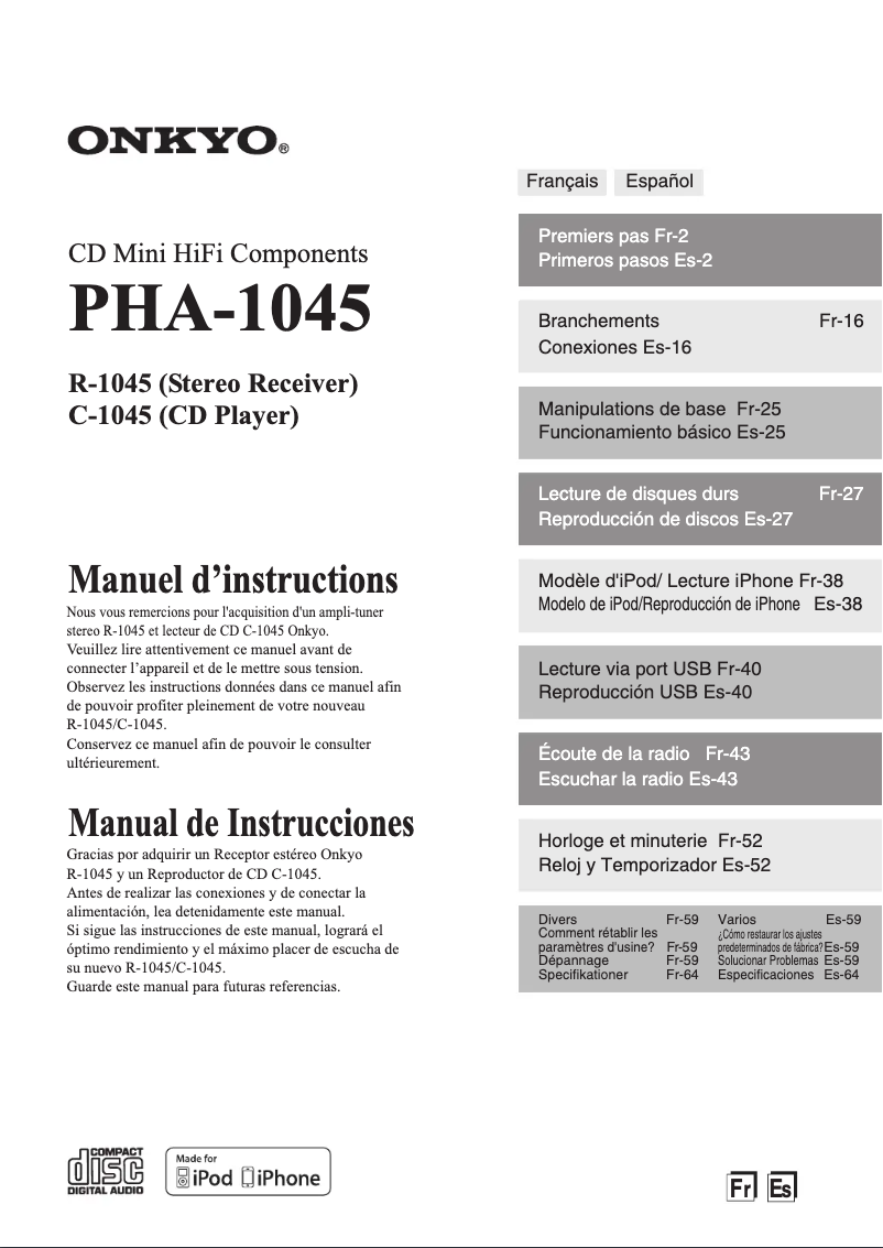Page 1 de la notice Manuel utilisateur Onkyo PHA-1045