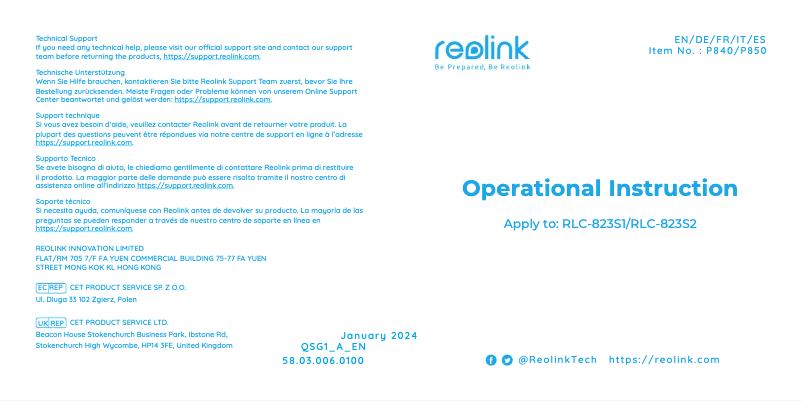 Page 1 de la notice Manuel utilisateur Reolink RLC-823S1