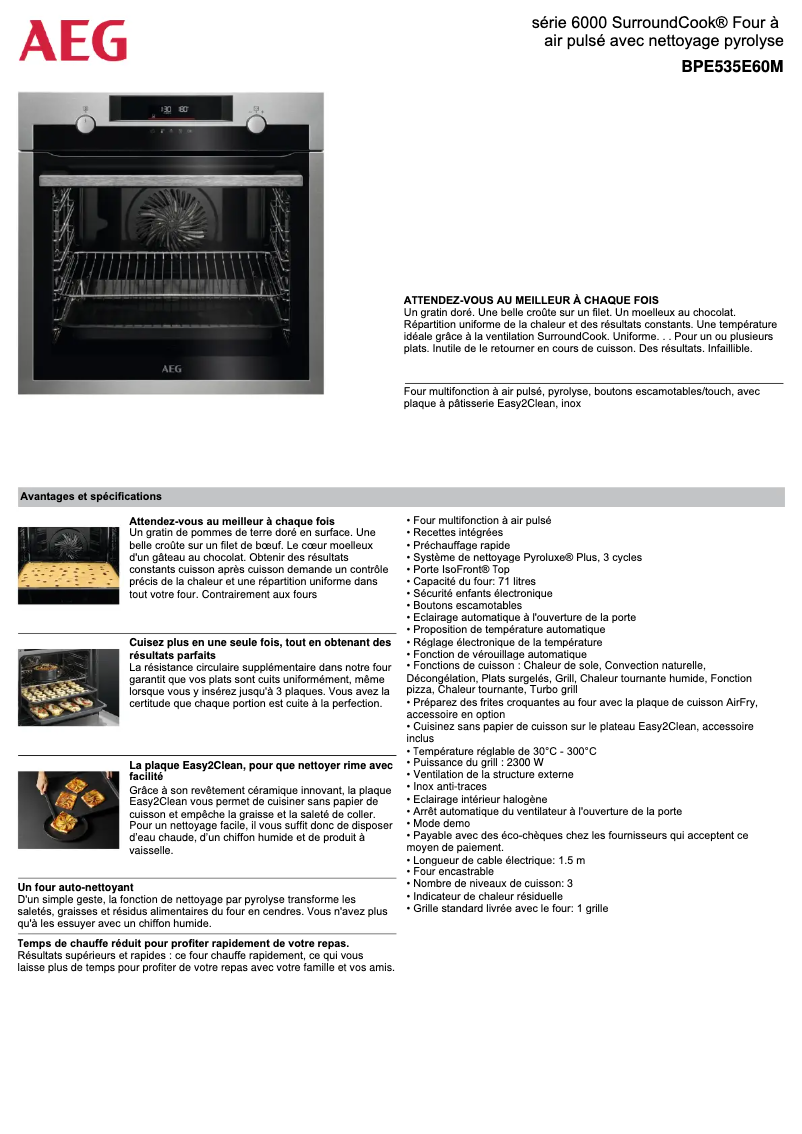 Page 1 de la notice Fiche technique AEG BPE535E60M