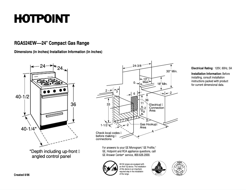 Page 1 de la notice Fiche technique Hotpoint RGA524EWWH