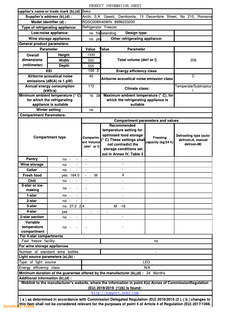 Page 1 de la notice Fiche technique Beko RDSO206K40WN