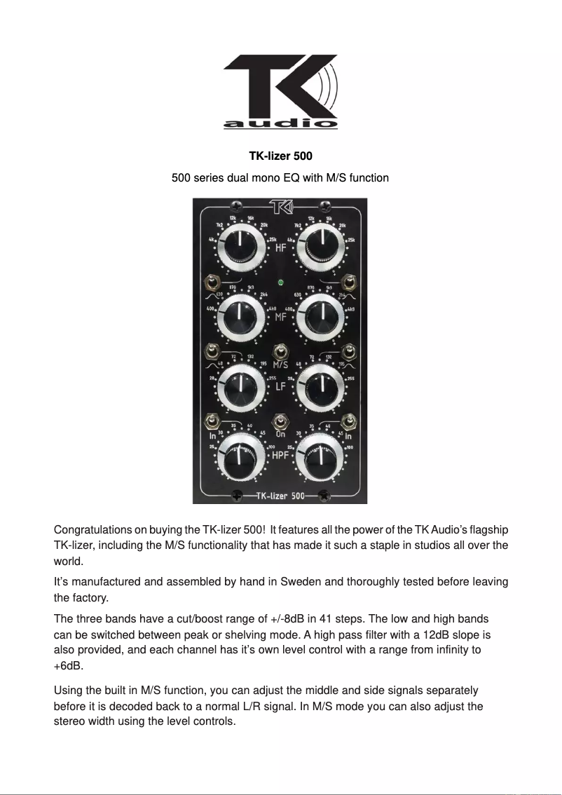 Page 1 de la notice Manuel utilisateur TK Audio TK-lizer 500