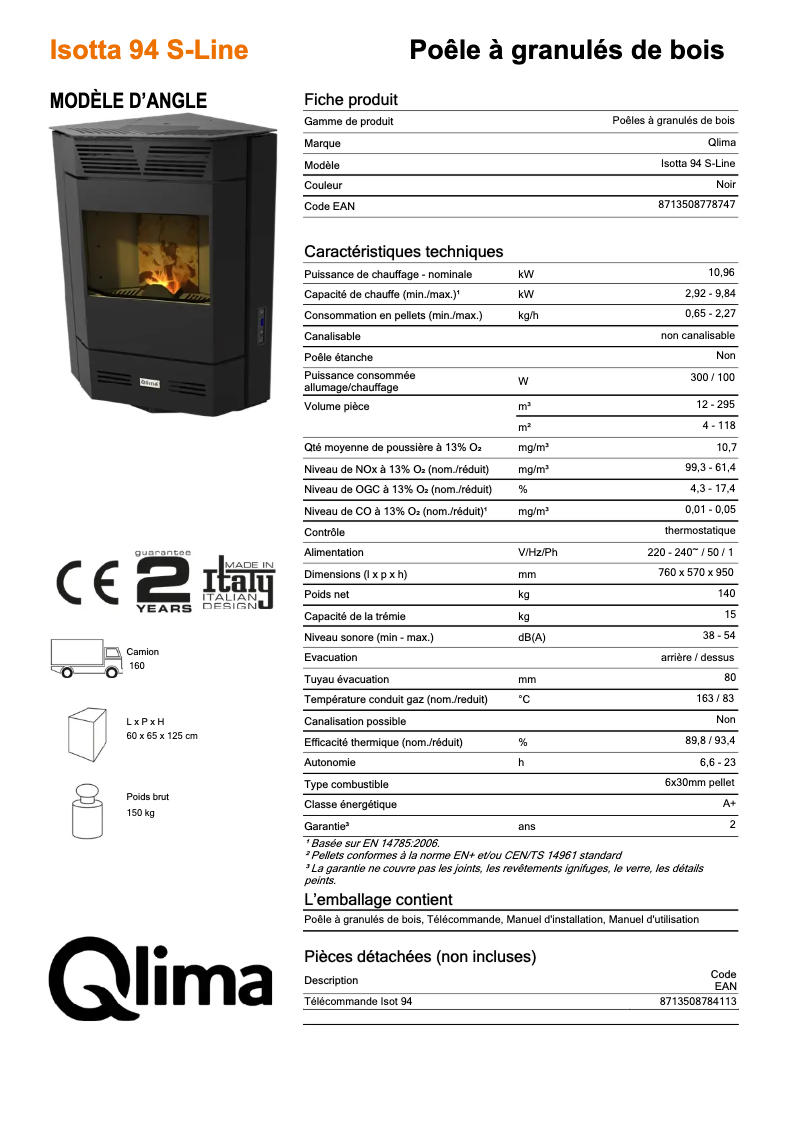 Page 1 de la notice Fiche technique Qlima Isotta 94 S-line