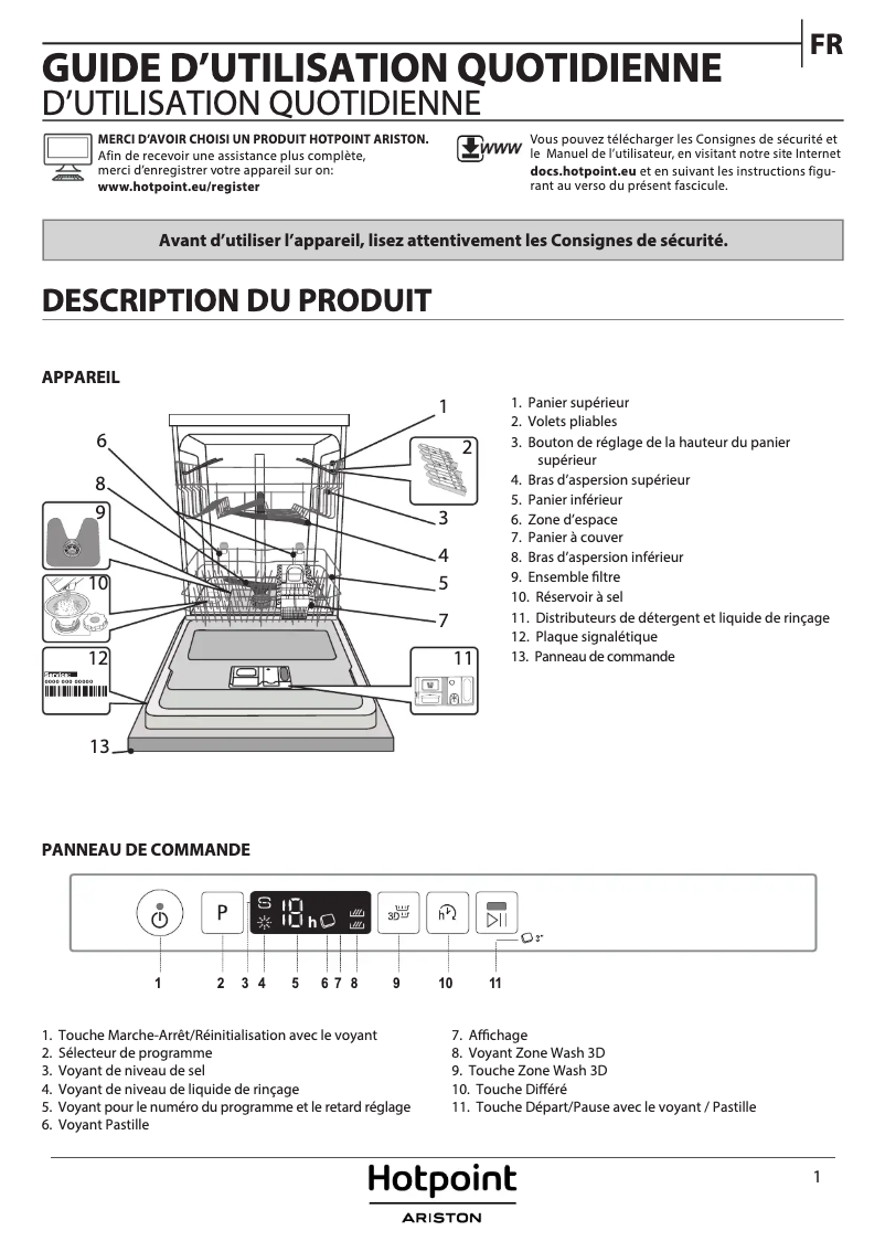 Page 1 de la notice Manuel utilisateur Hotpoint HIO 3T141 W