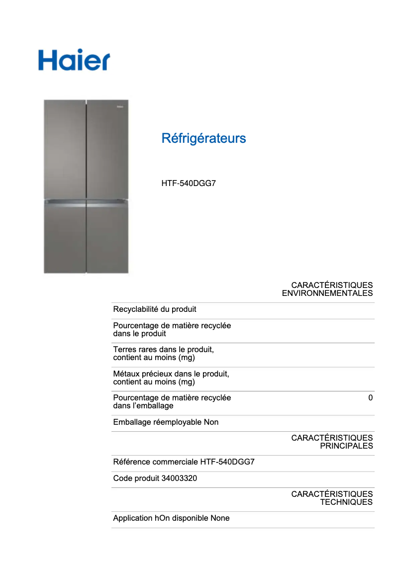 Page 1 de la notice Label énergétique Haier HTF-540DGG7