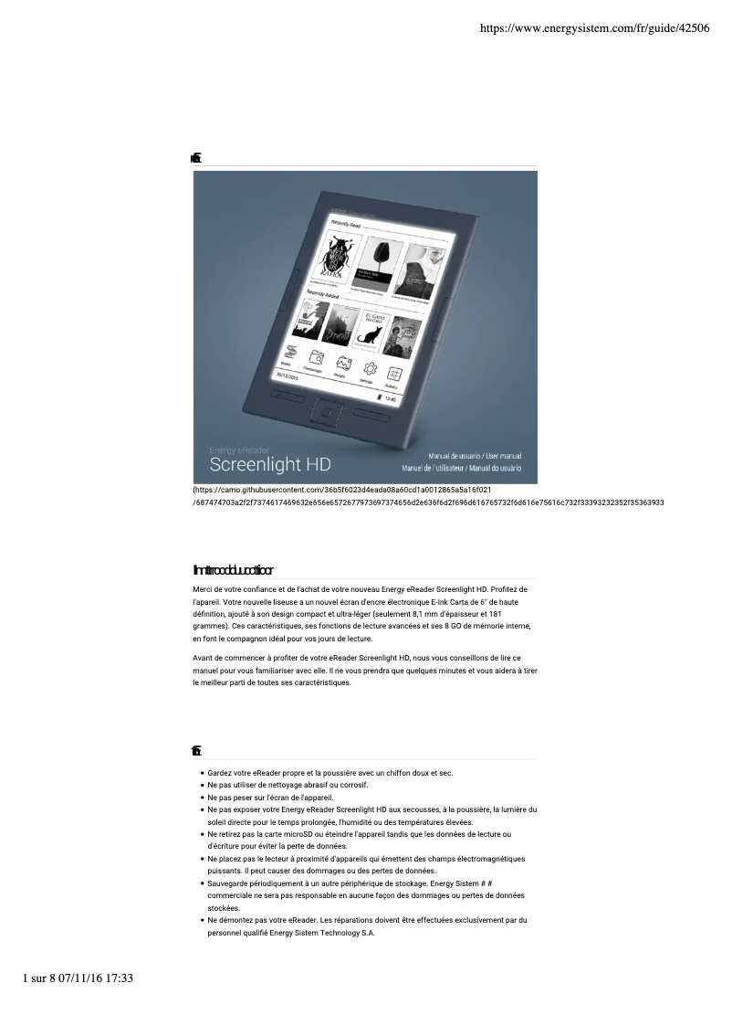Page 1 de la notice Manuel utilisateur Energy Sistem eReader ScreenLight HD