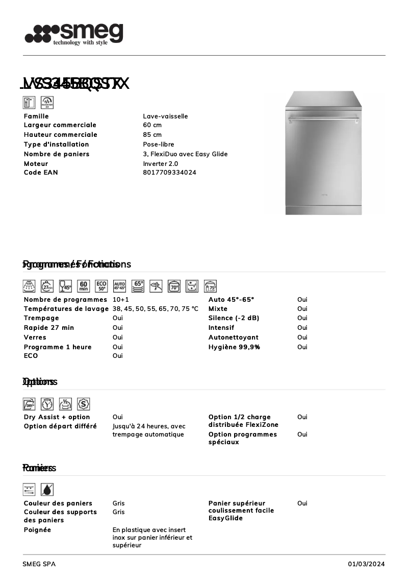 Page 1 de la notice Fiche technique Smeg LVS345BQSTX