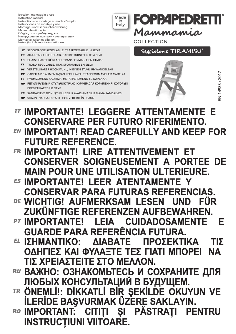 Page 1 de la notice Manuel utilisateur Foppapedretti Tiramisù