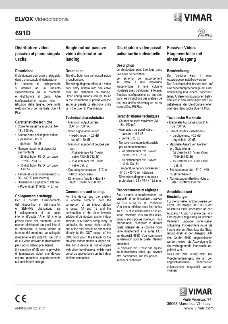 Page 1 de la notice Manuel utilisateur Vimar ELVOX 691D