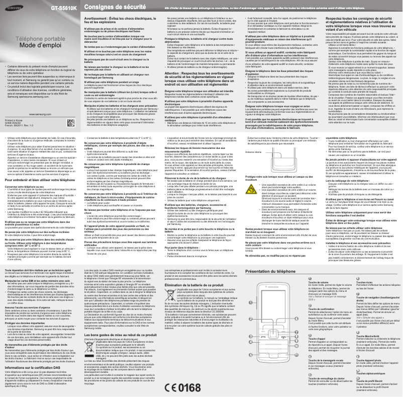 Page 1 de la notice Manuel utilisateur Samsung GT-S5610K