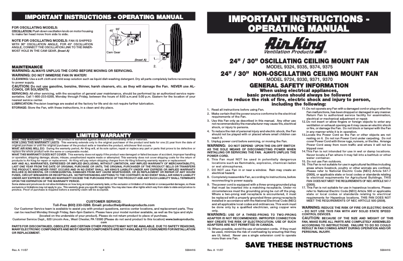 Page 1 de la notice Manuel utilisateur Air King 9330