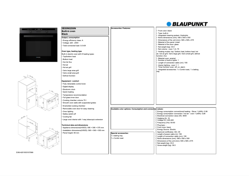 Page n°1 - Fiche technique Blaupunkt 5B30N0250IN