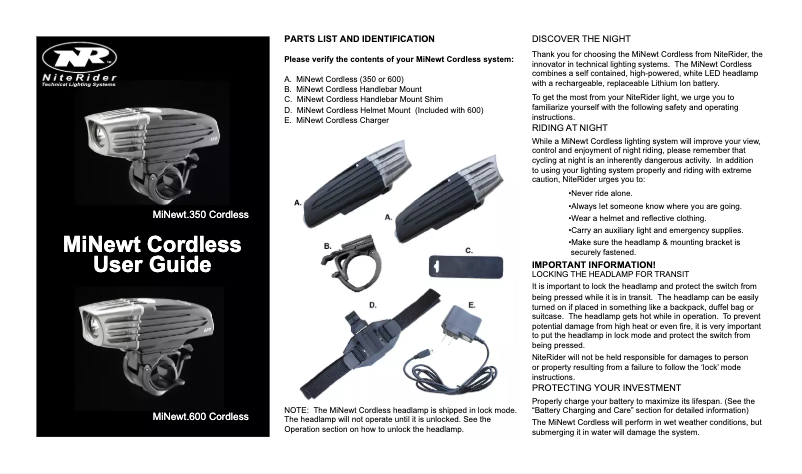 Page n°1 - Manuel utilisateur NiteRider MiNewt 600 Cordless