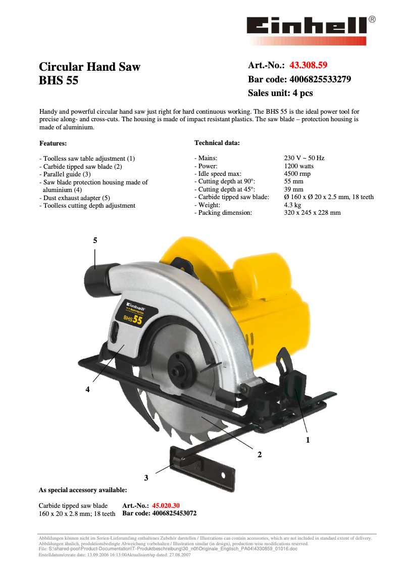 Página 1 del manual Ficha técnica Bavaria by Einhell BHS 55