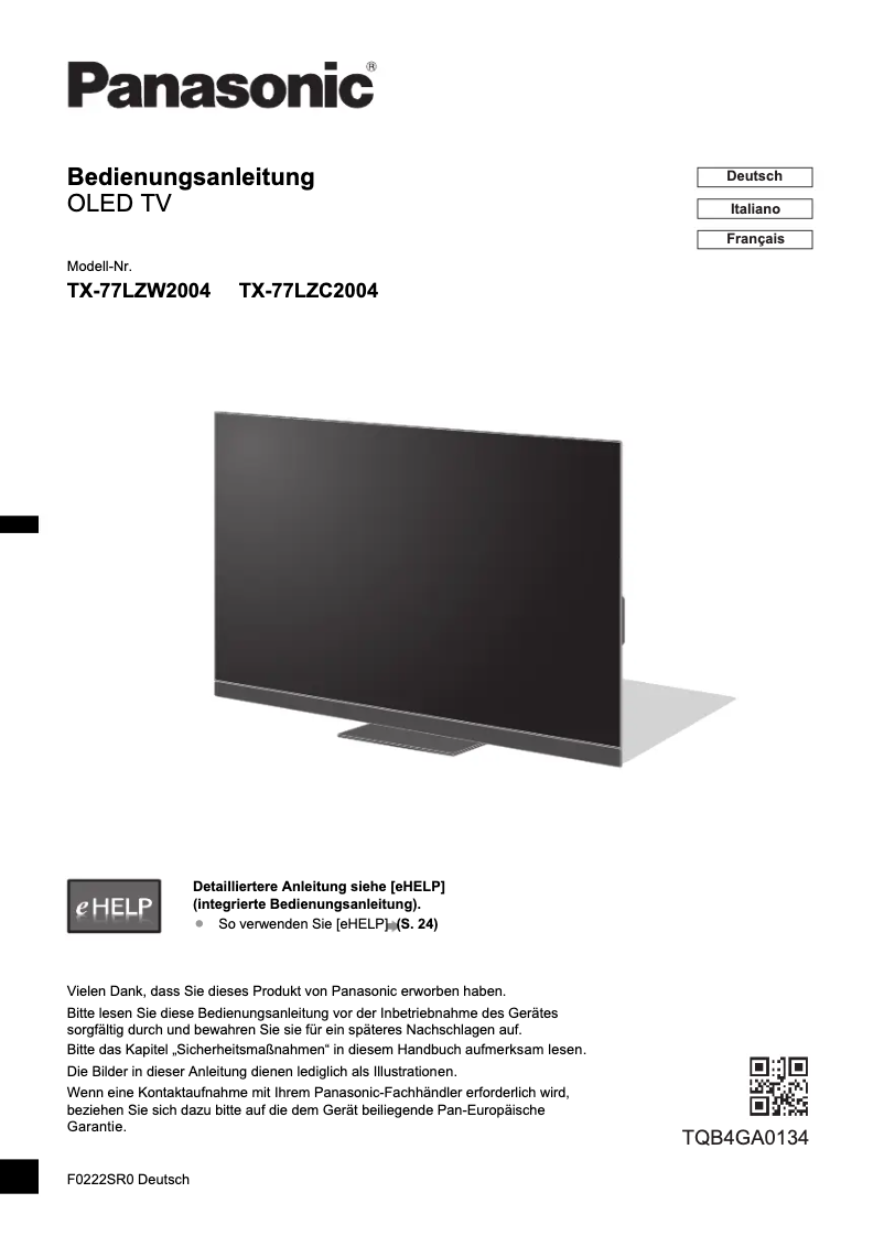 Page 1 de la notice Guide de démarrage rapide Panasonic TX-77LZW2004