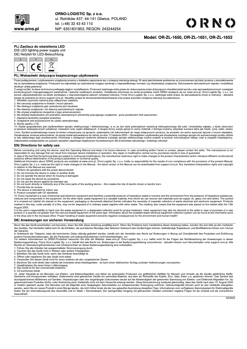Page n°1 - Manuel utilisateur ORNO OR-ZL-1650