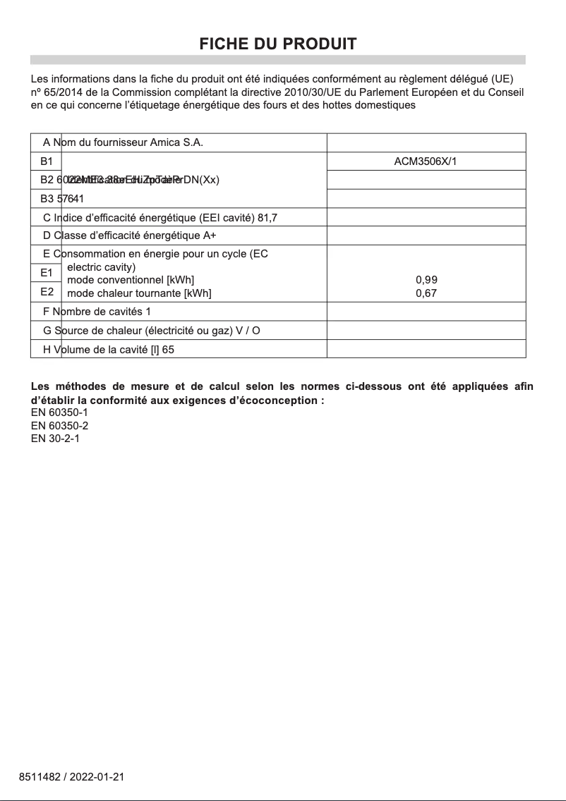 Página 1 del manual Ficha técnica Amica ACM3506X/1