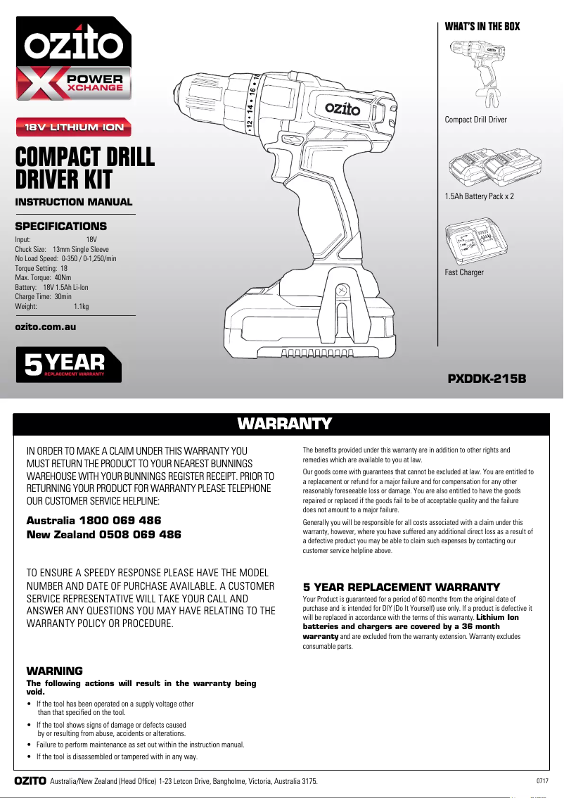Page 1 de la notice Mode d'emploi Ozito PXDDK-215B