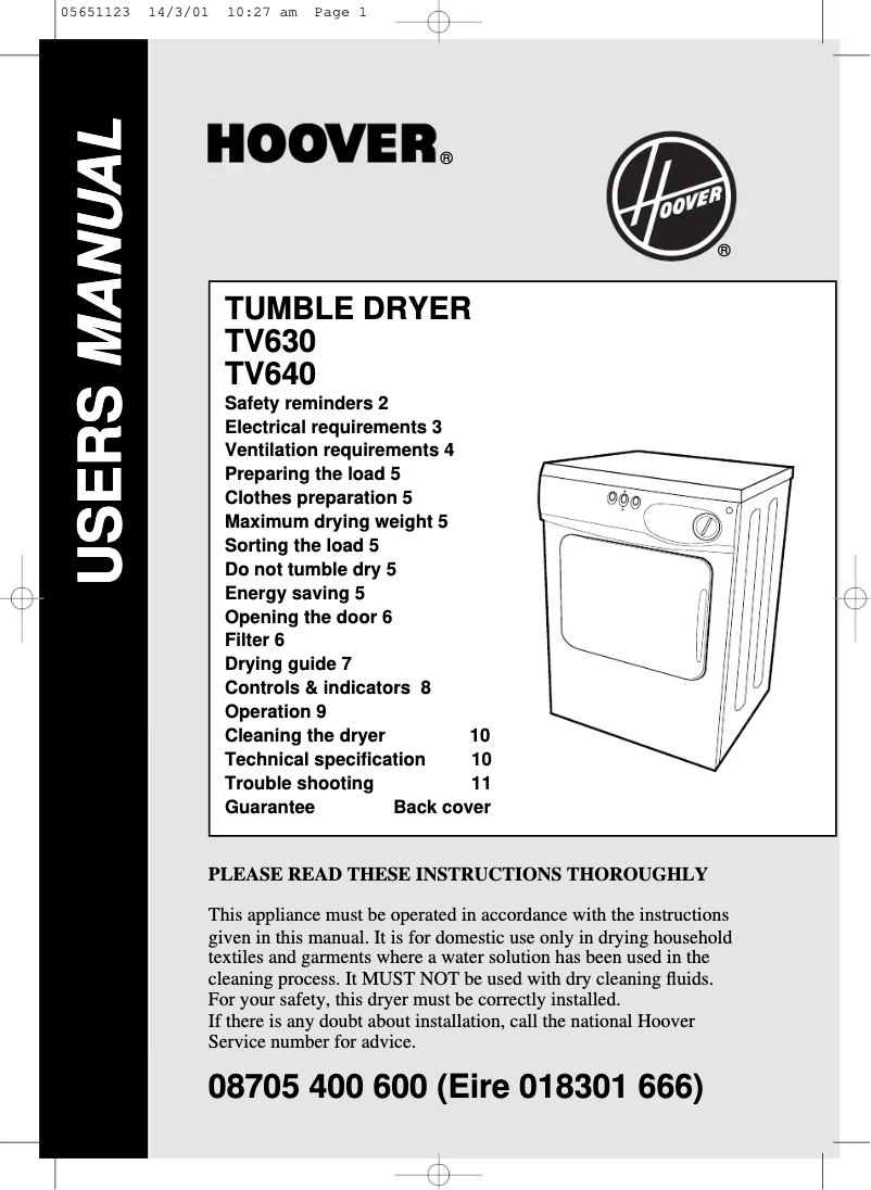 Page n°1 - Manuel utilisateur Hoover TV 630 001