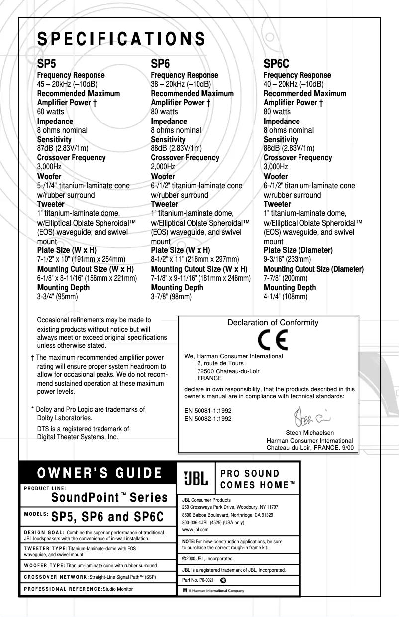 Page n°1 - Manuel utilisateur JBL SoundPoint SP6