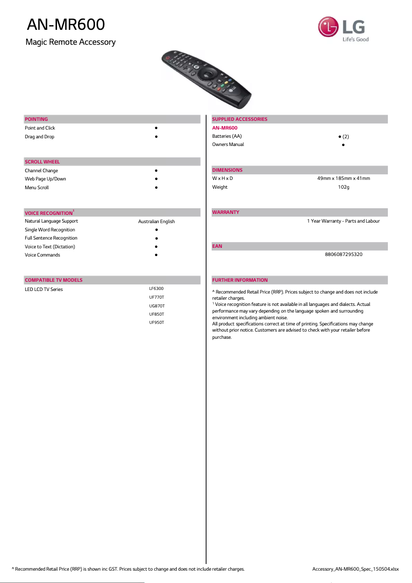 Página 1 del manual Ficha técnica LG Magic AN-MR600