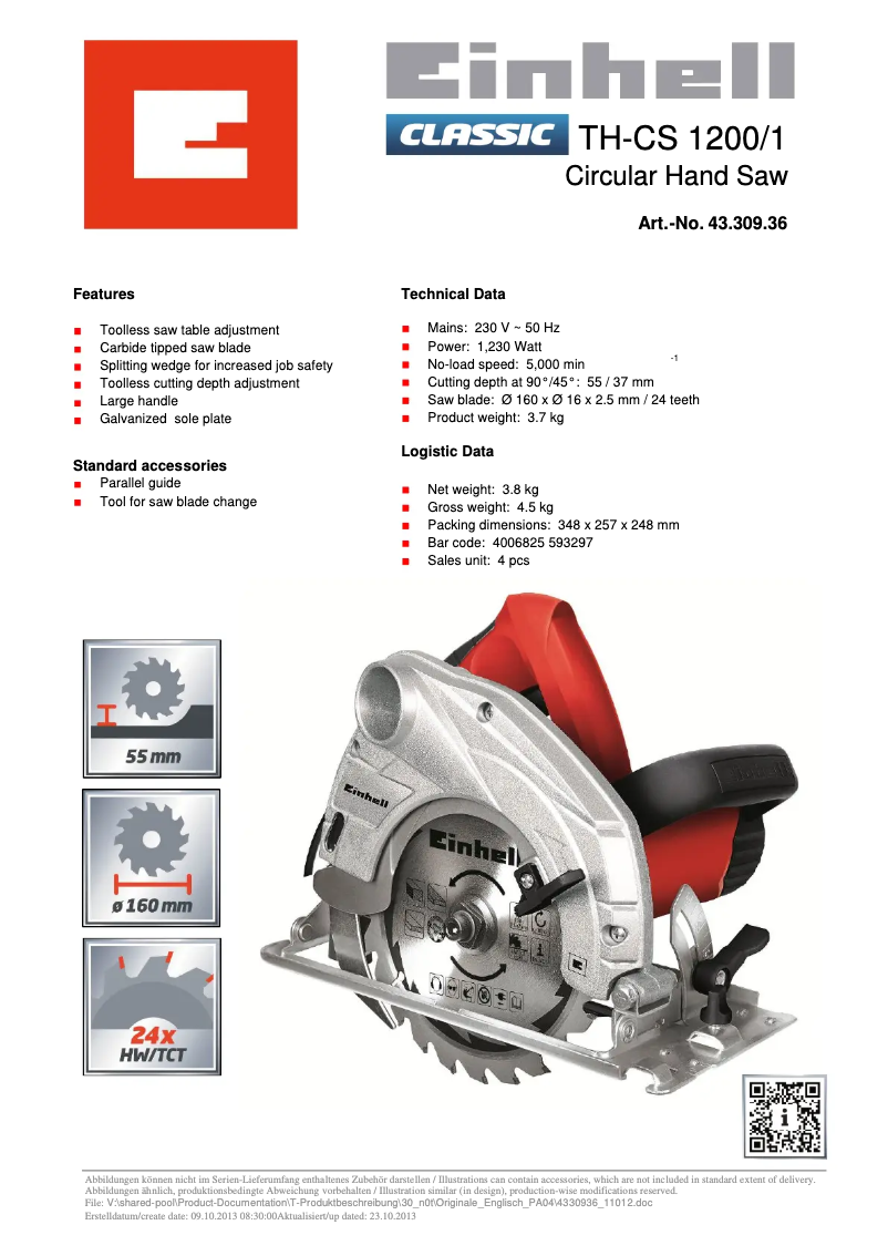 Page 1 de la notice Fiche technique Einhell TH-CS 1200/1