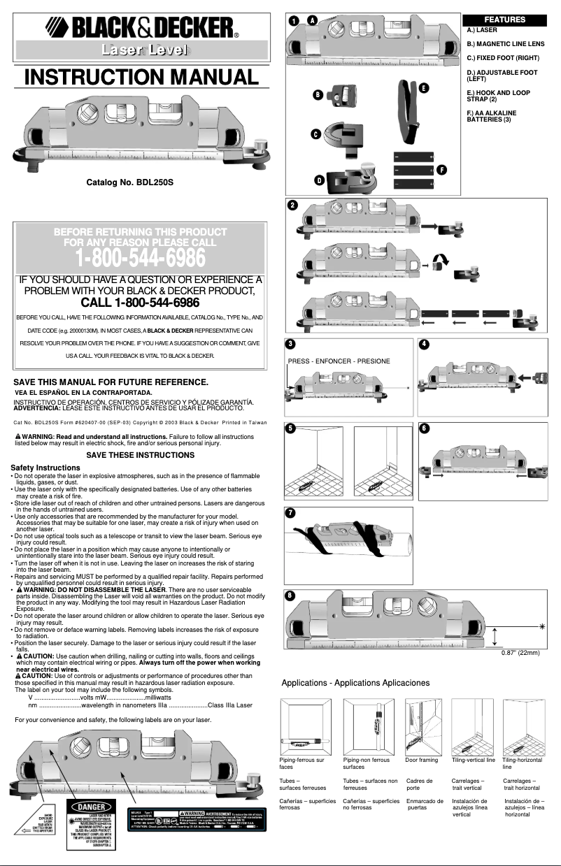 Page n°1 - Manuel utilisateur Black & Decker BDL250S