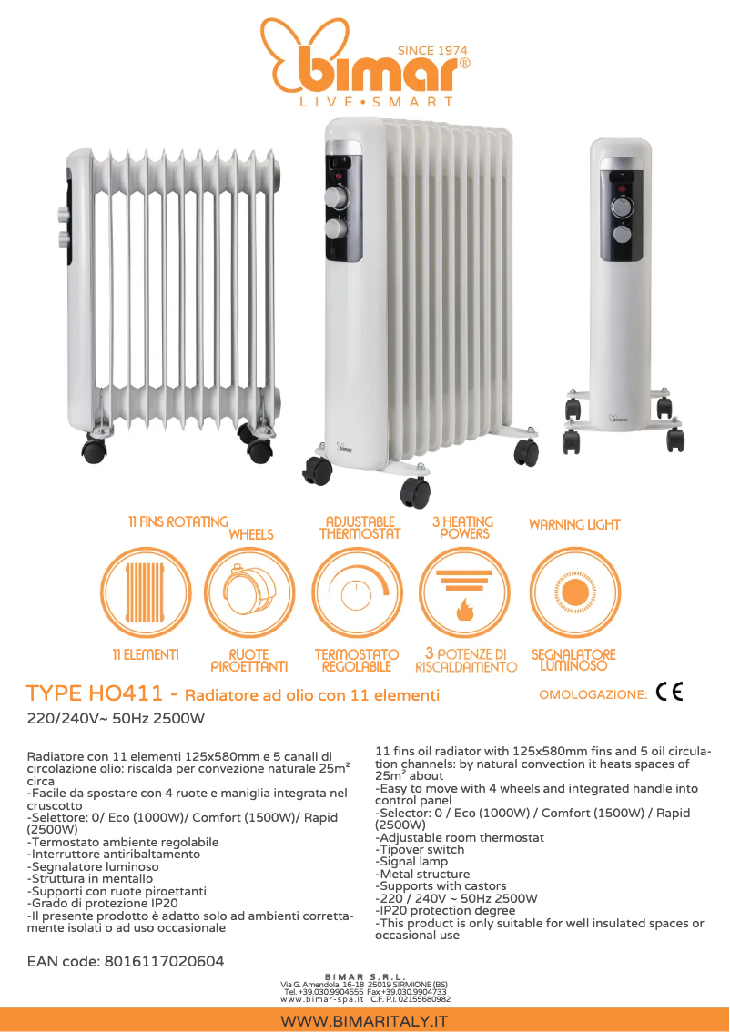Page 1 de la notice Fiche technique Bimar HO411