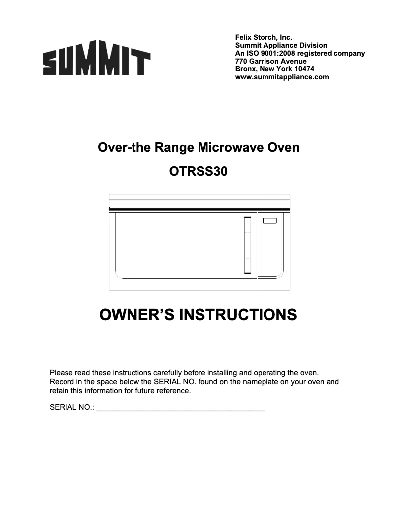 Page 1 de la notice Manuel d'utilisation et d'entretien Summit FFRF3070