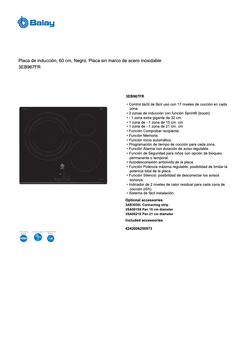 Page 1 de la notice Fiche technique Balay 3EB967FR