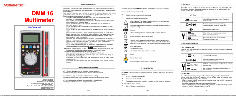 Page 1 de la notice Manuel utilisateur Multimetrix DMM16